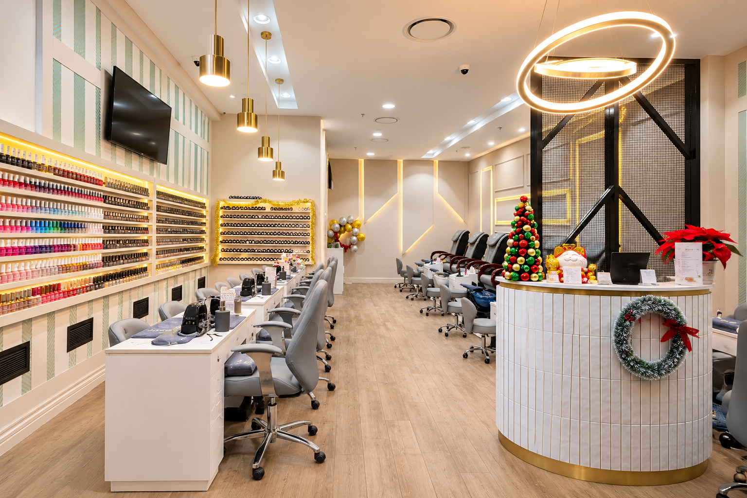 Nail colour wall, manicure stations, pedicure chairs and reception at Lustré Nail Bar The Glen