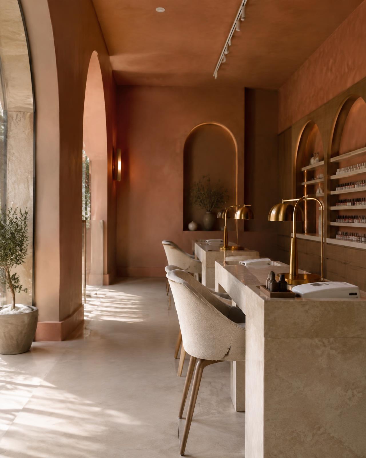 Calm, softly lit nail salon interior with manicure stations