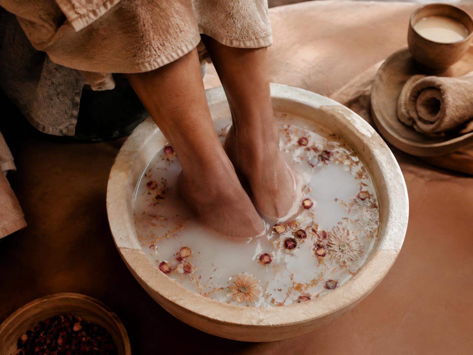Spa pedicure soak with dried flowers
